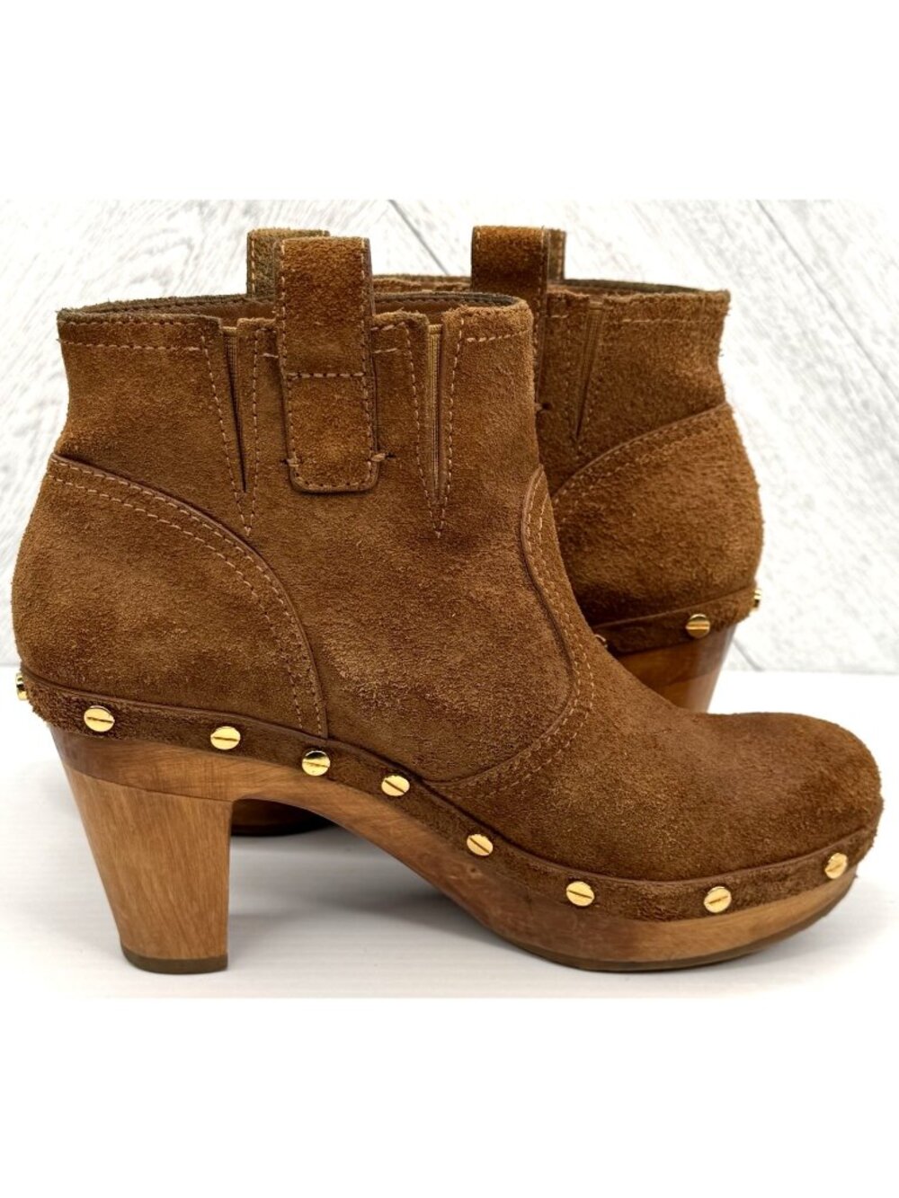 Tory Burch Ginevra Ankle Boots Womens 7 Brown Suede Wooden Clog Studded Platform - Picture 4 of 14